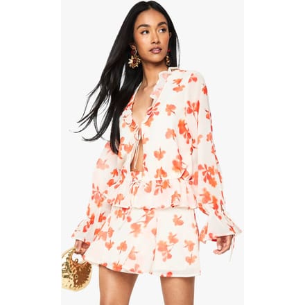 boohoo Dames Floral Chiffon Godet Mini-Rok | White | Maat: 8