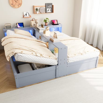MODFU - Multifunctioneel Bed - Met Opbergruimte En LED-Verlichting - Modern - MDF - Grijs - 90/180 x 200 cm