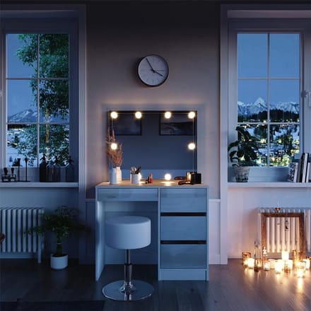 Moderne Kaptafel Set met Spiegel, Kruk en LED Verlichting - Hoogglans Wit