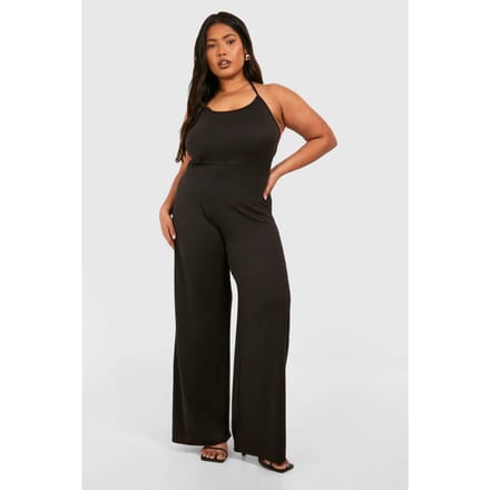 boohoo Dames Plus Super Soft Basic Tie Low Back Beach Jumpsuit | Zwart | Maat: 56