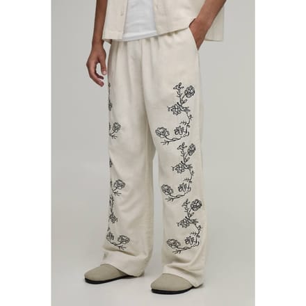 Wijde Linnen Blend Broek Met Geborduurd Naaddetail | Natural | Size Medium