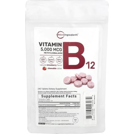 Vitamine B12 Méthylcobalamine, Saveur Fraise, Comprimés à Croquer 240 Comprimés (2 500 mcg par comprimé)