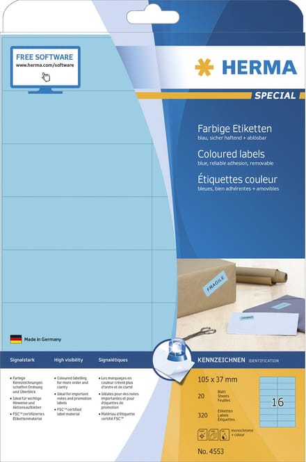 Etiketten A4 blau 105x37mm Papier matt abl�sbar 320St.