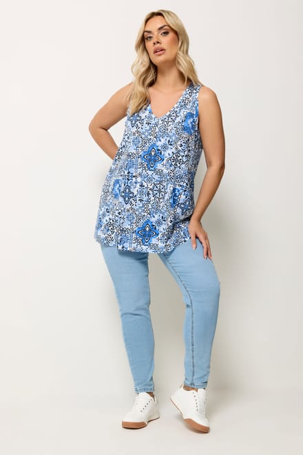 Yours Blauwe Tanktop Met Tegelprint Size 54-56