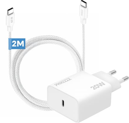 20w oplader met usb C poort met usb C kabel 2 meter gevlochten wit - Usb C naar usb C - Snellader