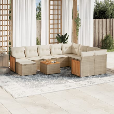 vidaXL - 11-delige - Tuinset - met - kussens - poly - rattan - beige