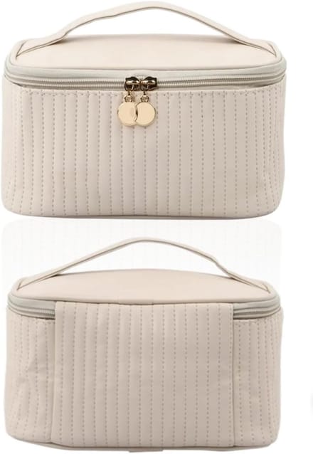 Make-uptas voor op reis - Waterdichte toilettas met borstelvak - Beige PU-leer