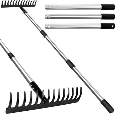 Garden Rake with Handle - 14 Teeth Metal Rake with Stainless Steel Handle for Loosening Ground and Leveling Lawn - Robust and Durable - Includes Leaf Crushers