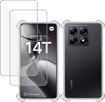 Hoesje + 2x Screenprotector geschikt voor Xiaomi 14T – Tempered Glass - Extreme Shock Case Transparant