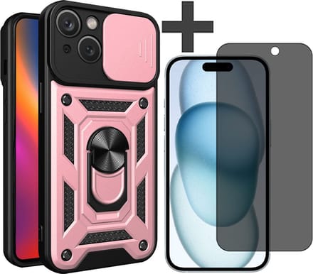 Hoesje met Privacy screenprotector Geschikt voor iPhone 15 Plus met Ringhouder en Camera schuifje - Arara backcover - Rosegoud