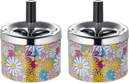 Set van 2x stuks gebloemde draaiasbakken met zilveren deksel - asbakken
