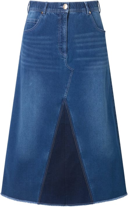 Ulla Popken - Dames - Jeansrok gerafelde zoom A-lijn stretchdenim - Blauw denim - Maat 48
