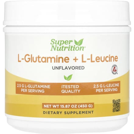 Super Nutrition, l-Glutamine + l-Leucine, Ongezoet, 15,87 oz (450 gram)