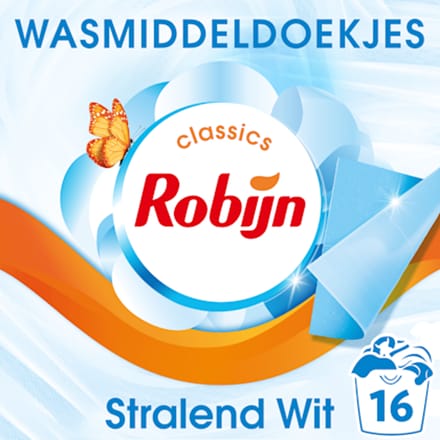Robijn Classics Stralend Wit Wasmiddeldoekjes 16 wasstrips