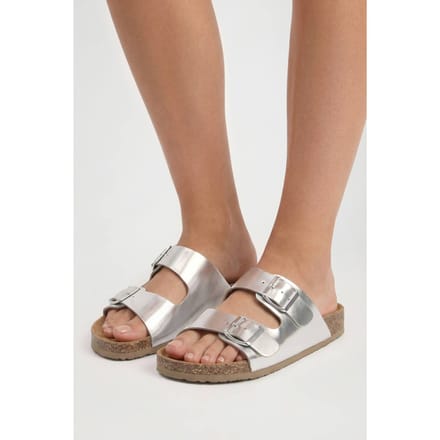 boohoo Dames Dubbele Gesp Voetbed Slippers | Zilver | Maat: 37
