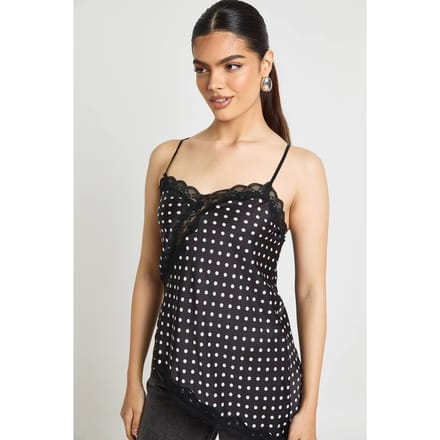 boohoo Dames Polka Satijn Kant Mix Asymmetrische Cami | Zwart | Maat: 36