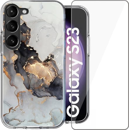 Hoesje geschikt voor Samsung Galaxy S23 - Screen Protector Glas - Back Cover Marmer Siliconen Case Wit & Screenprotector