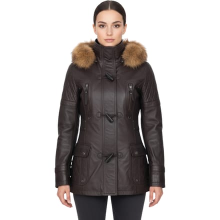 Dames bruine lamsleren gewatteerde parka met bontkraag - Duchess