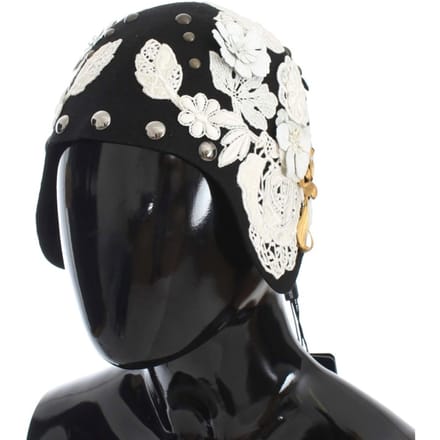 Dolce & Gabbana Black Wool White Floral Gold Leaf Women's Hat