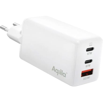 Aqiila USB oplader, 67W, USB-C Adapter, Snellader GaN, PD Power Delivery, 2x USB-C, 1x USB-A, 100-240V, compact Design, Chargebird W3 Wit