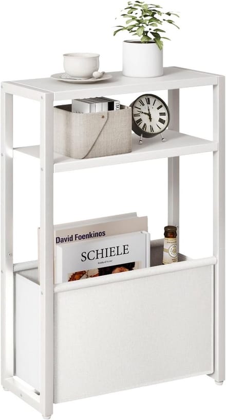 Smalle bijzettafel met opbergmand en drie niveaus
