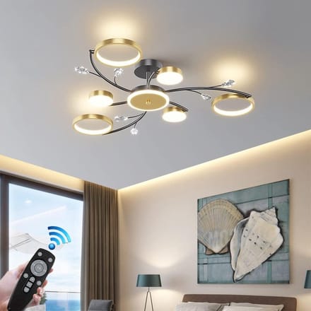 6 Ringen Plafondlamp - Moderne LED Kroonluchter - Goud/Zwart - Dimbaar Met Afstandsbediening - 85 cm