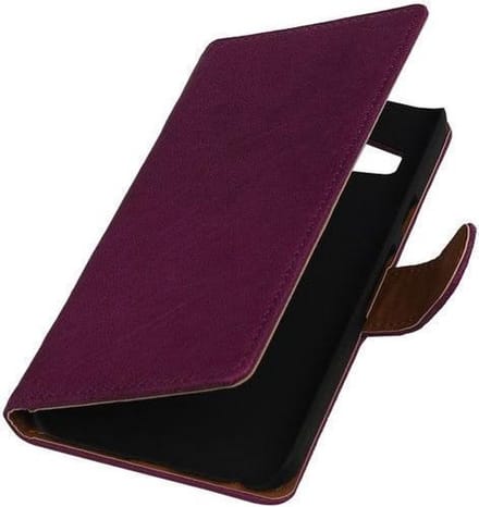 Paars echt leder bookcase voor de Samsung Galaxy J1 bookcase hoesje