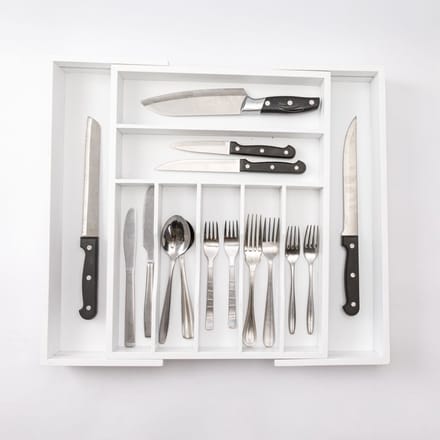 Uitschuifbaar bestekbak - Besteklade - 7 Vaks -> Uitschuifbaar naar 9 Vakken - Bestekbakken organizer - Bamboe - Wit
