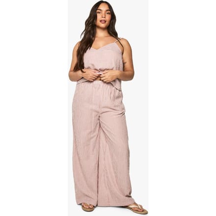boohoo Dames Plus geweven gestreepte broek met elastische taille en wijde pijpen | Terracotta | Maat: 48