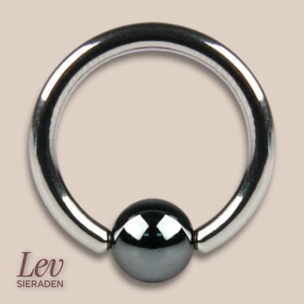 Lev Sieraden - Titanium 1.6 x 12 mm Bal Closure Ring piercing met hematit clip in balletje BCR - Piercing ring