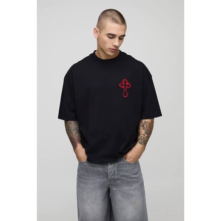 Oversized Boxy Geborduurde Gotische Kruis T-Shirt | Black | Size Medium