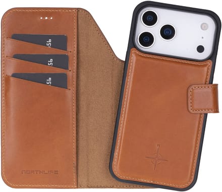 NorthLife Geschikt voor iPhone 17 Pro Max - Leren Afneembare 2-in-1 bookcase telefoonhoes - Cognac