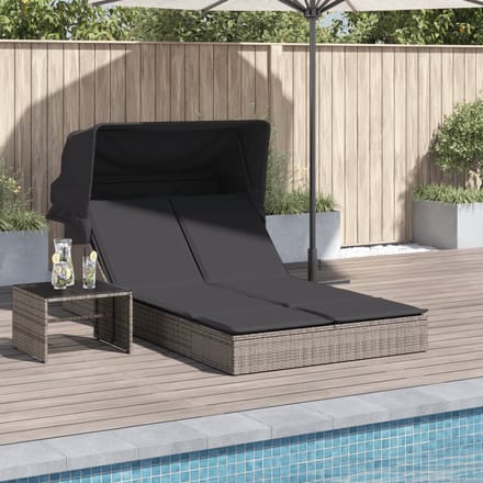 vidaXL - Ligbed - 2-persoons - met - luifel - en - kussens - poly - rattan - grijs