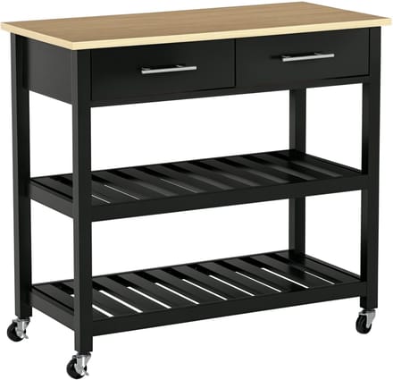 HOMCOM-keukenkar-91,4x45,6x85cm-MDF panelen-Zwart, Natuurlijk hout