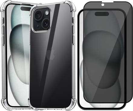 Hoesje geschikt voor iPhone 15 Plus - Privacy Screen Protector FullGuard - Back Cover Case ShockGuard Transparant & Screenprotector