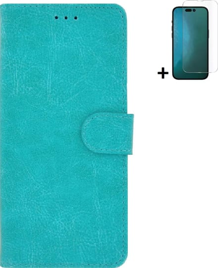 Geschikt voor iPhone 14 Pro Max Hoesje - Bookcase - iPhone 14 Pro Max Screenprotector - Pu Leder Wallet Book Case Turquoise Cover + Screenprotector