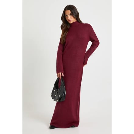 boohoo Dames Petite Superzachte Hoge Hals Gebreide Maxi-jurk | Bordeaux Rood | Maat: Medium