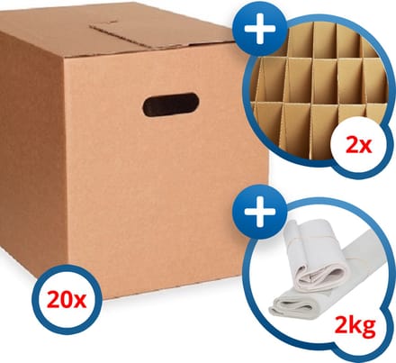 20x KlikKlak® standaard verhuisdoos + 2kg papier + 2 vakverdeling - 48x32x33