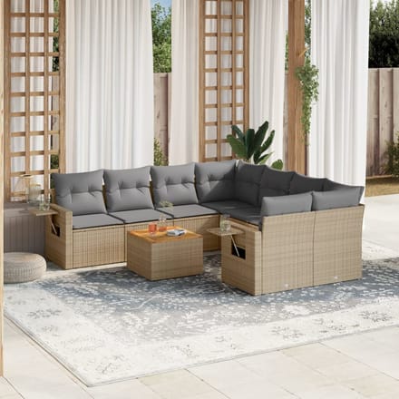 vidaXL - 9-delige - Loungeset - met - kussens - poly - rattan - beige