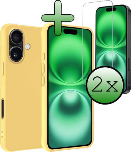 Hoesje Met 2x Screenprotector - Geschikt voor Apple iPhone 16 Plus - Sterk & Shockproof - Back Cover - Siliconen Case - Telefoon Hoes - Geel