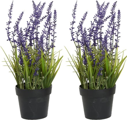 Everlands Lavendel - 2x stuks - kunstplant in pot - violet paars - D15 x H30 cm