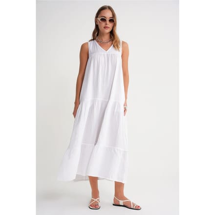Mouwloze V-hals Muslin Midi-jurk met Zakken