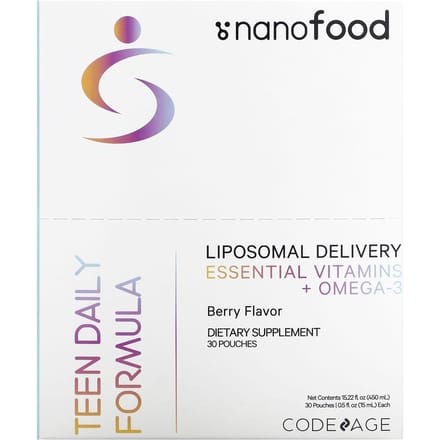 Codeage, Nanofood, formule quotidienne pour adolescents, administration liposomale, vitamines essentielles + oméga-3, baies, 30 sachets, 15 ml (0,5 fl oz) chaque
