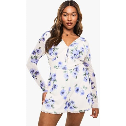 boohoo Dames Plus Floral Mesh Flippy Playsuit | Purple | Maat: 28