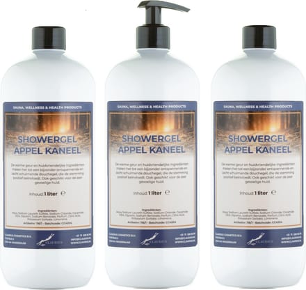 Douchegel Appel-Kaneel 1 Liter - set van 3 stuks - met gratis pomp - Showergel