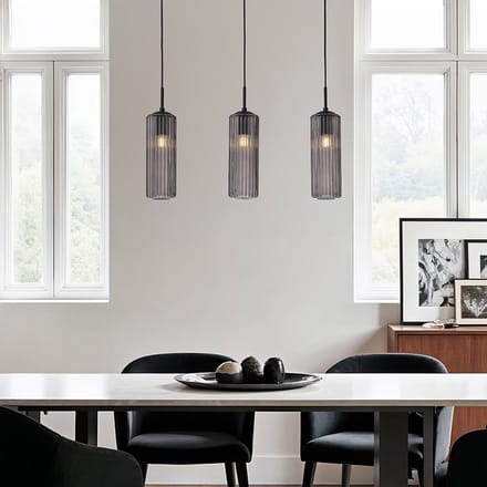 LumenXL Retro hanglamp zwart - geribbeld rookglas, 3-lichts - Giove