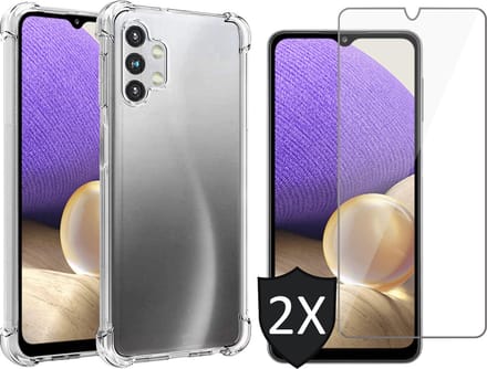 Hoesje geschikt voor Samsung Galaxy A32 5G - 2x Screen Protector GlassGuard - Back Cover Case ShockGuard Transparant & Screenprotector