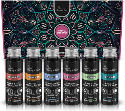 Beauty&Care® Cadeaupakket sauna Discover - Saunageur - Voor Sauna - 6 x 25 ml saunageuren - zwarte flesjes met aluminium dop - in cadeaudoos - Luxueus genieten en ontspannen - opium - hamam- winter- ocean- me time - rose musk - 1 set