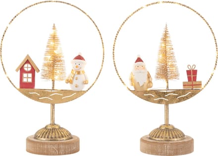 J-Line decoratie Cirkel Kestman/Sneeuwman - goud/roest - 2 stuks - LED lichtjes