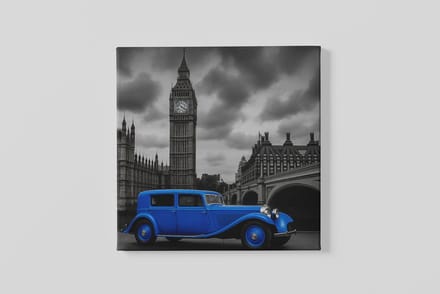 Vierkant Canvas Schilderij - Blauwe Oldtimer - Big Ben - Londen - 100x100 cm